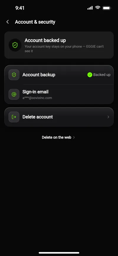 EGGIE account & security: backup, sign-in email and delete account