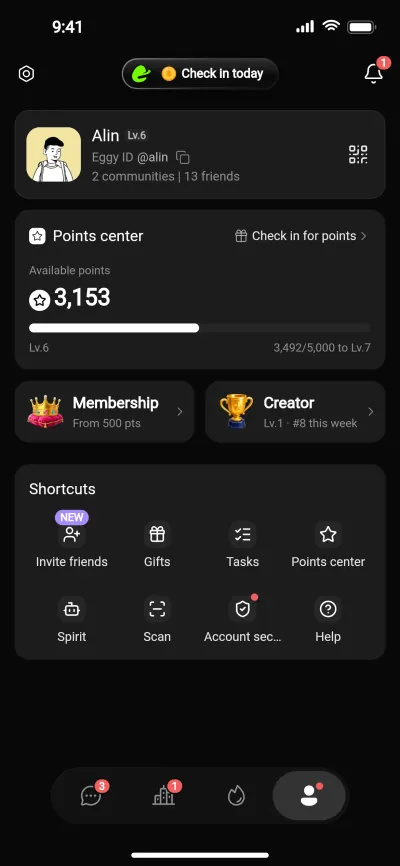 The EGGIE Me page: profile, Eggy ID, points and shortcuts