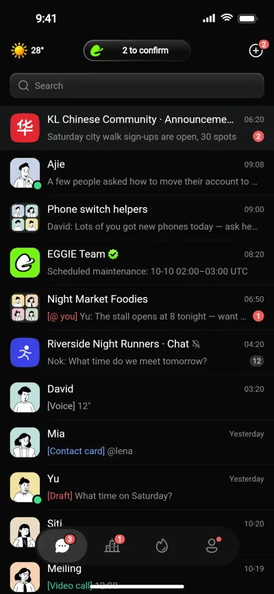The EGGIE messages list: a community, friends and group chats