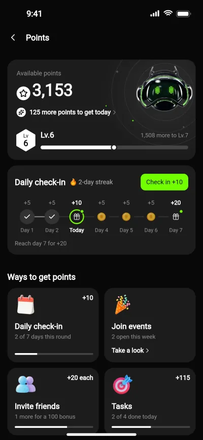 EGGIE points: balance, daily check-in and ways to get points