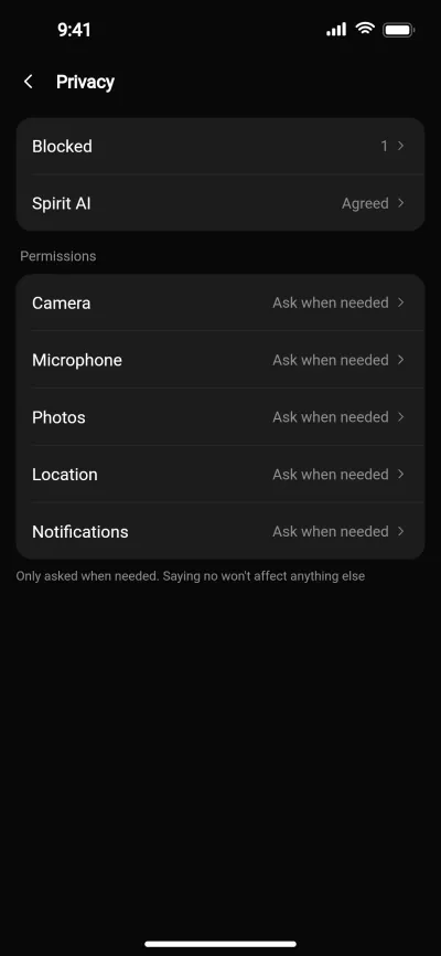 EGGIE privacy settings: blocked list, Spirit AI and permissions