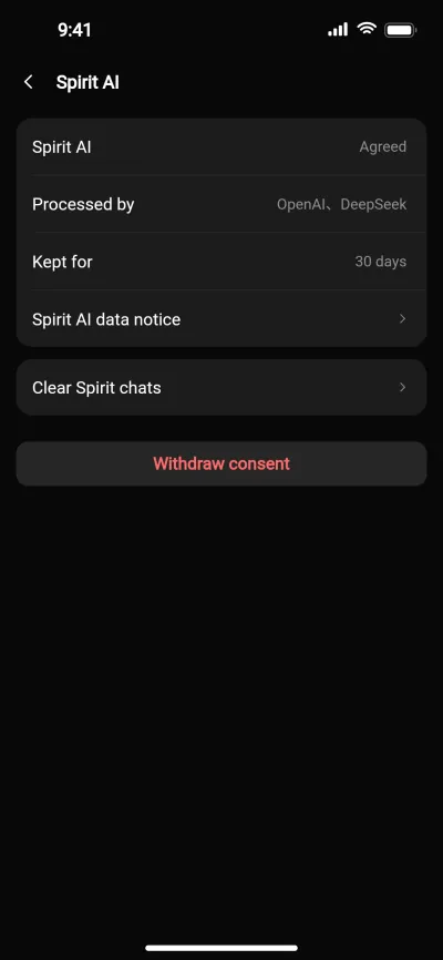 EGGIE Spirit AI settings: who processes it, 30-day retention, withdraw consent